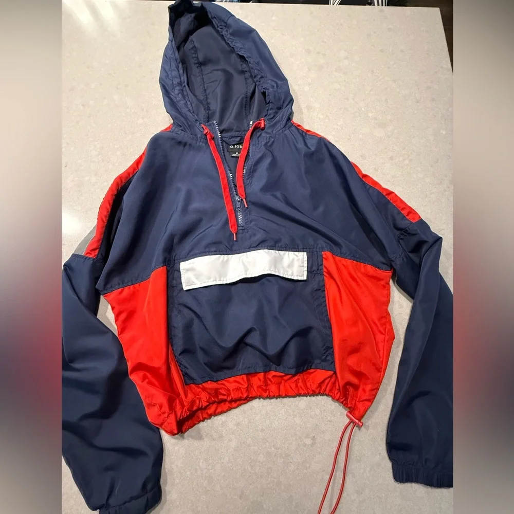 Navy and Red Hooded Cropped Windbreaker - Picture 1 of 5